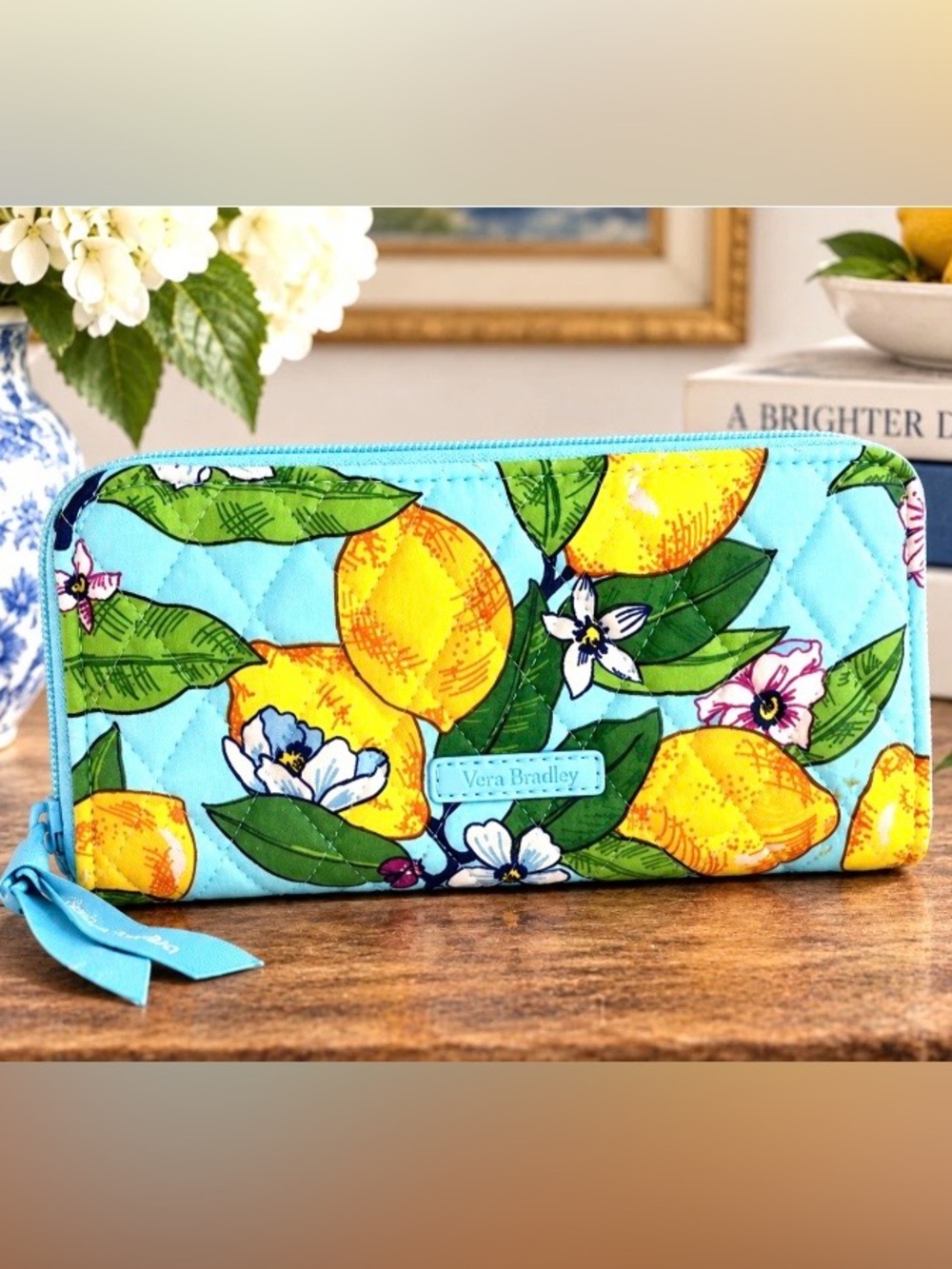 Vera Bradley Lemon Grove Zip Around Wallet Quilted Cotton Card Slots Coin Pocket